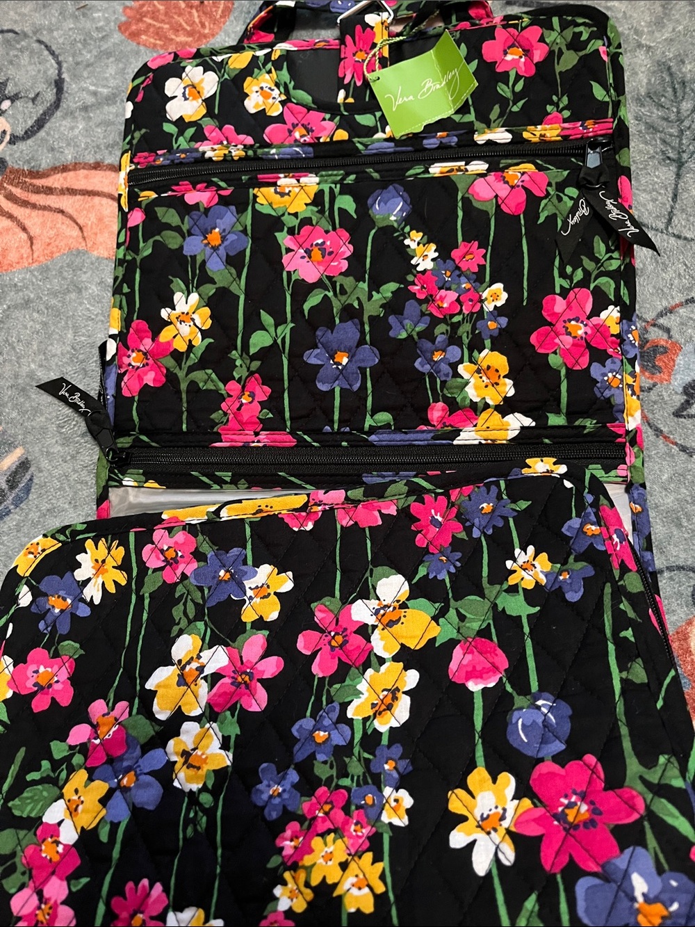 NWT:Vera Bradley Black Floral Quilted Cosmetic Organizer